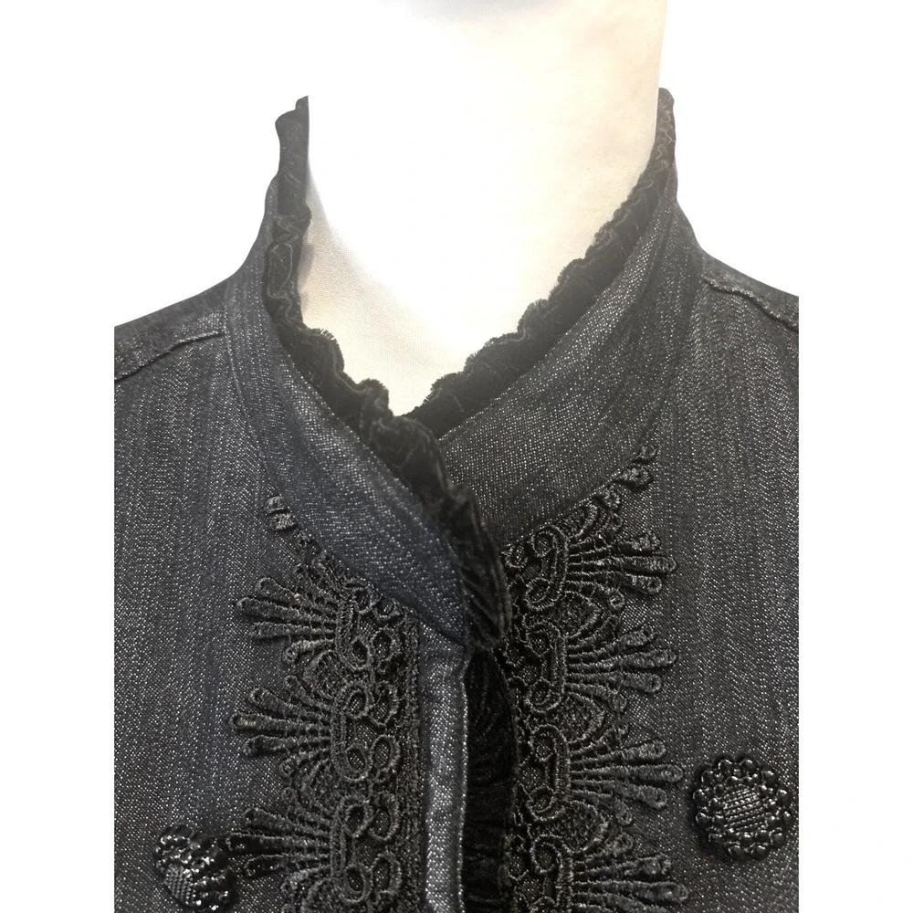 Bay Studio Dark Wash Denim Jacket Soutache Embroidery Beaded Trim Buttons Sz Lg
